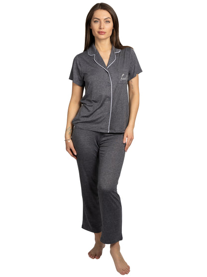 Women's "HELLO" 2-Piece Short Sleeve Notch Collar Top and Pants Pajama Set Recycled Fabric