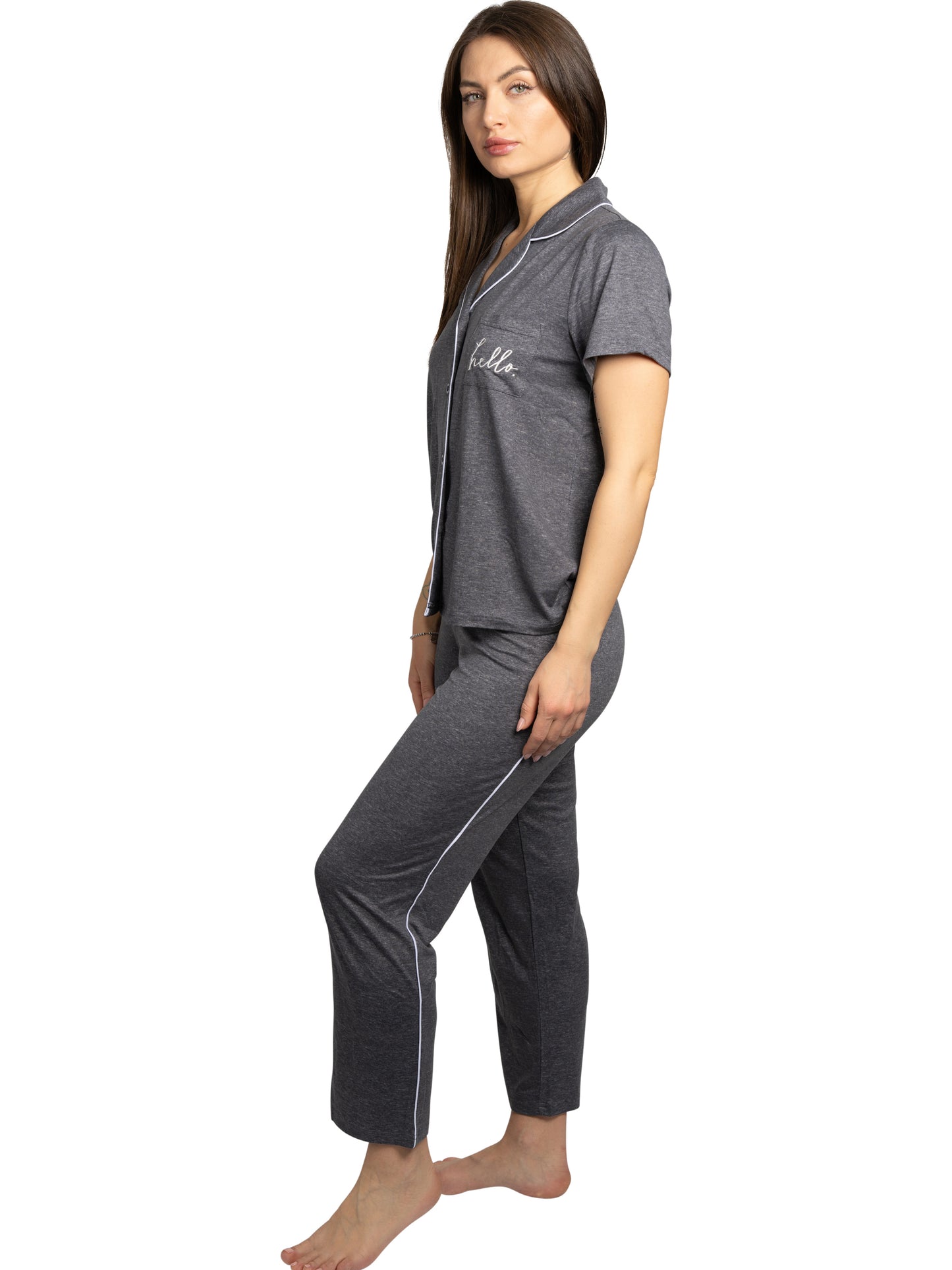 Women's "HELLO" 2-Piece Short Sleeve Notch Collar Top and Pants Pajama Set Recycled Fabric