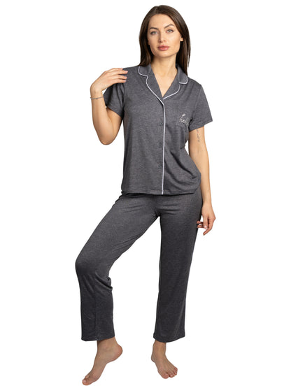 Women's "HELLO" 2-Piece Short Sleeve Notch Collar Top and Pants Pajama Set Recycled Fabric