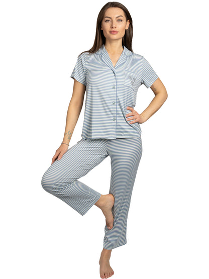 Women's "DREAM LAND" 2-Piece Short Sleeve Notch Collar Top and Pants Pajama Set Recycled Fabric