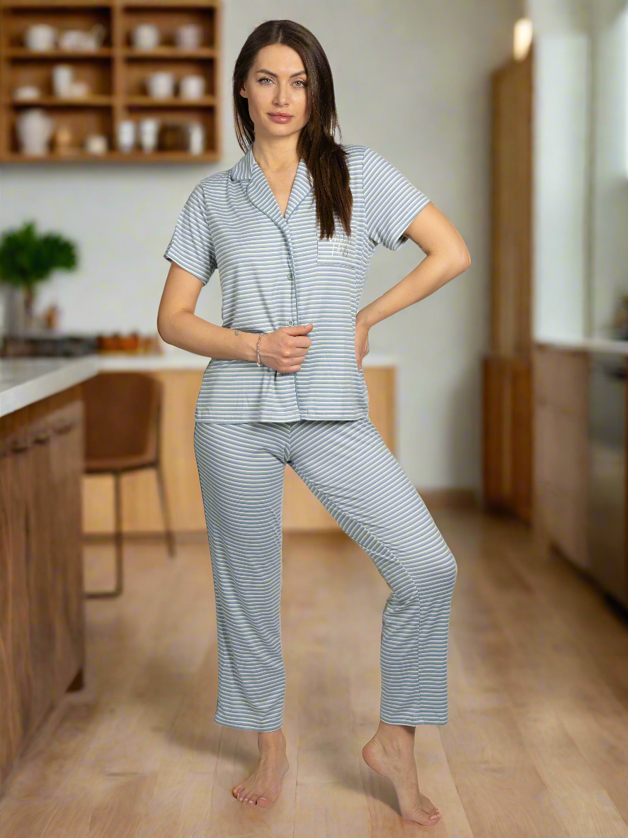 Women's "DREAM LAND" 2-Piece Short Sleeve Notch Collar Top and Pants Pajama Set Recycled Fabric