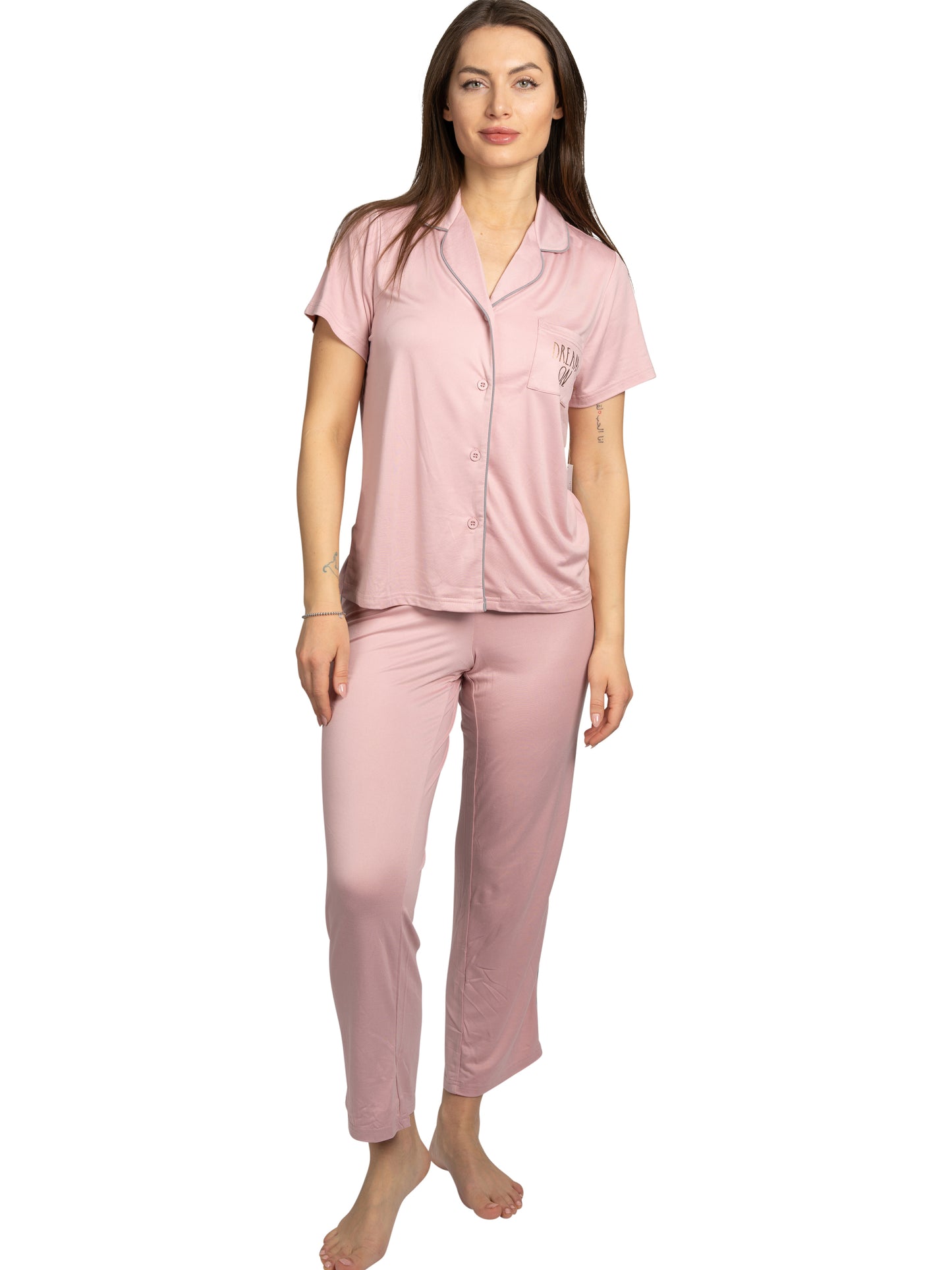 Women's "DREAM ON" 2-Piece Short Sleeve Notch Collar Top and Pants Pajama Set Recycled Fabric