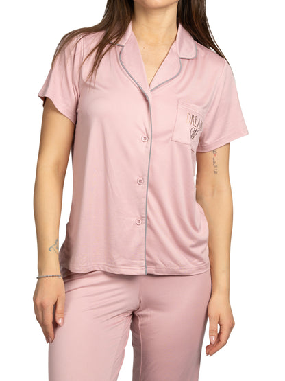 Women's "DREAM ON" 2-Piece Short Sleeve Notch Collar Top and Pants Pajama Set Recycled Fabric