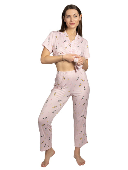 Women's Wine Time 2-Piece Short Sleeve Notch Collar Top and Pants Pajama Set Recycled Fabric