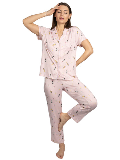 Women's Wine Time 2-Piece Short Sleeve Notch Collar Top and Pants Pajama Set Recycled Fabric