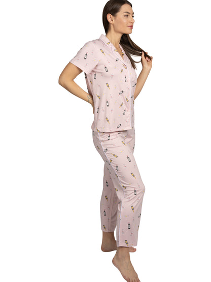 Women's Wine Time 2-Piece Short Sleeve Notch Collar Top and Pants Pajama Set Recycled Fabric