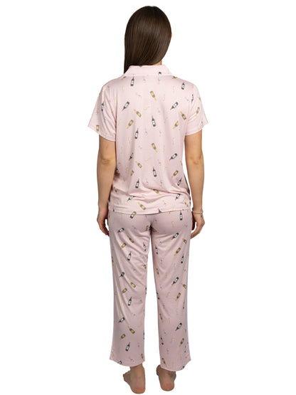 Women's Wine Time 2-Piece Short Sleeve Notch Collar Top and Pants Pajama Set Recycled Fabric