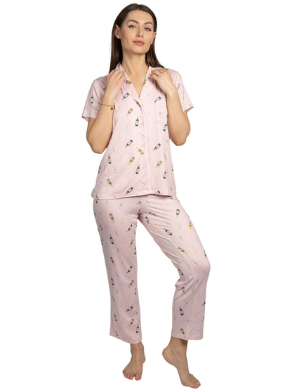 Women's Wine Time 2-Piece Short Sleeve Notch Collar Top and Pants Pajama Set Recycled Fabric