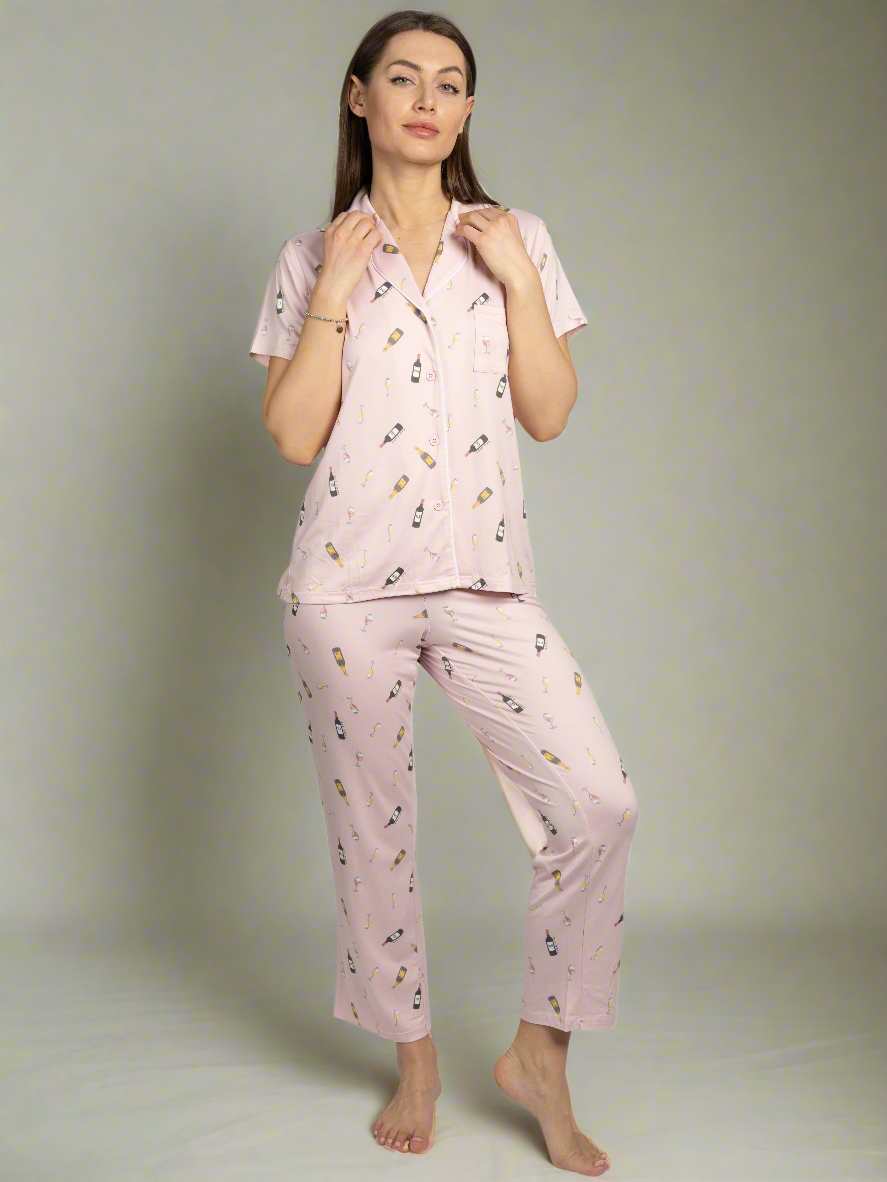 Women's Wine Time 2-Piece Short Sleeve Notch Collar Top and Pants Pajama Set Recycled Fabric