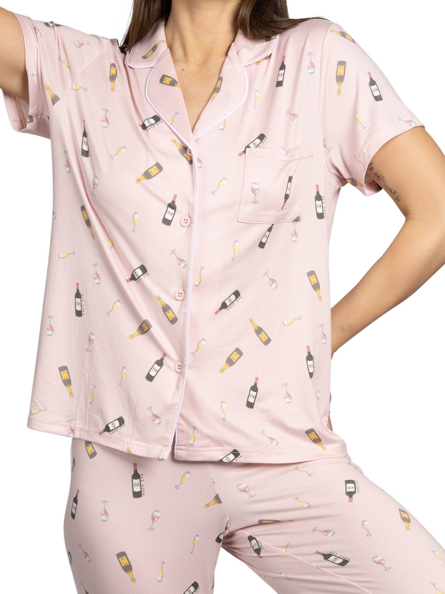 Women's Wine Time 2-Piece Short Sleeve Notch Collar Top and Pants Pajama Set Recycled Fabric