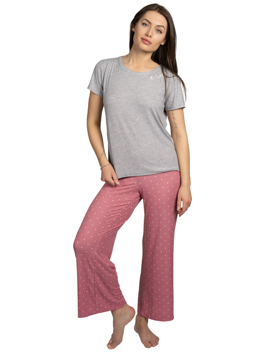 Women's "BE HAPPY" 2-Piece Short Sleeve Top and Wide Leg Ribbed Pants Pajama Set