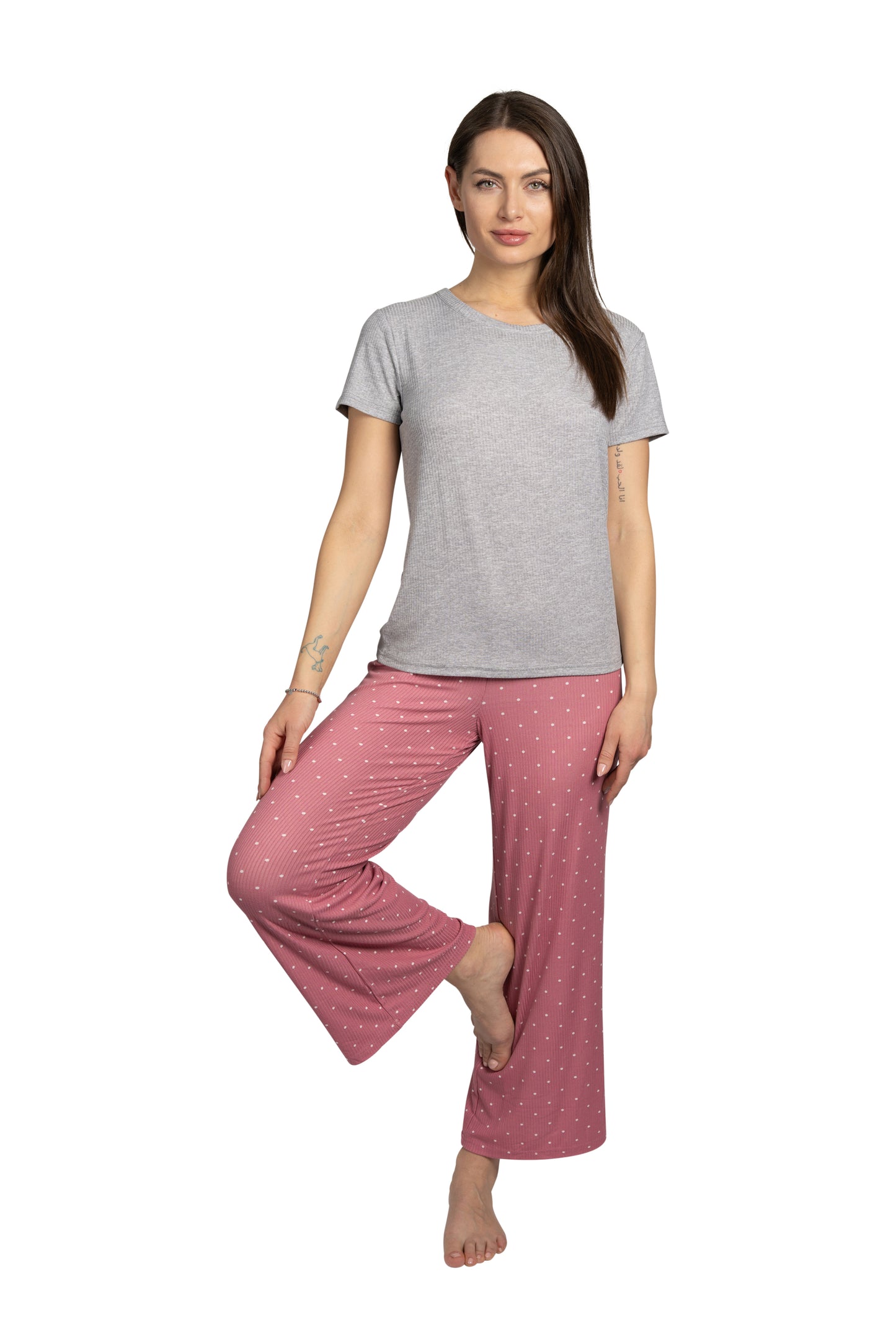 Women's "BE HAPPY" 2-Piece Short Sleeve Top and Wide Leg Ribbed Pants Pajama Set