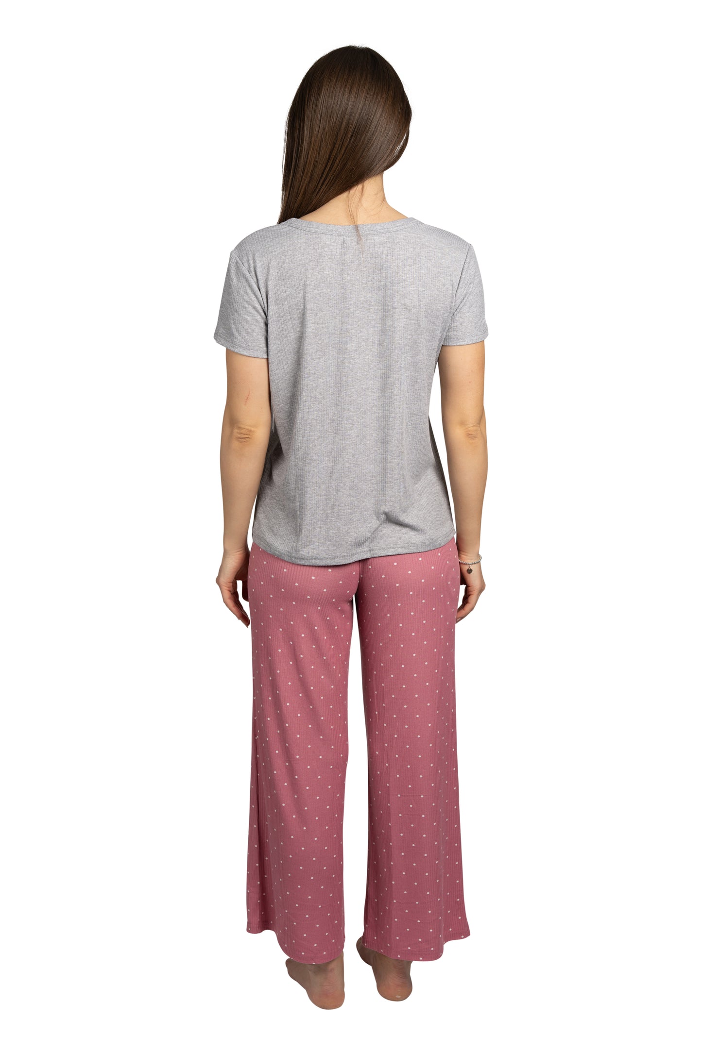 Women's "BE HAPPY" 2-Piece Short Sleeve Top and Wide Leg Ribbed Pants Pajama Set