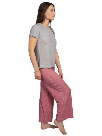 Women's "BE HAPPY" 2-Piece Short Sleeve Top and Wide Leg Ribbed Pants Pajama Set