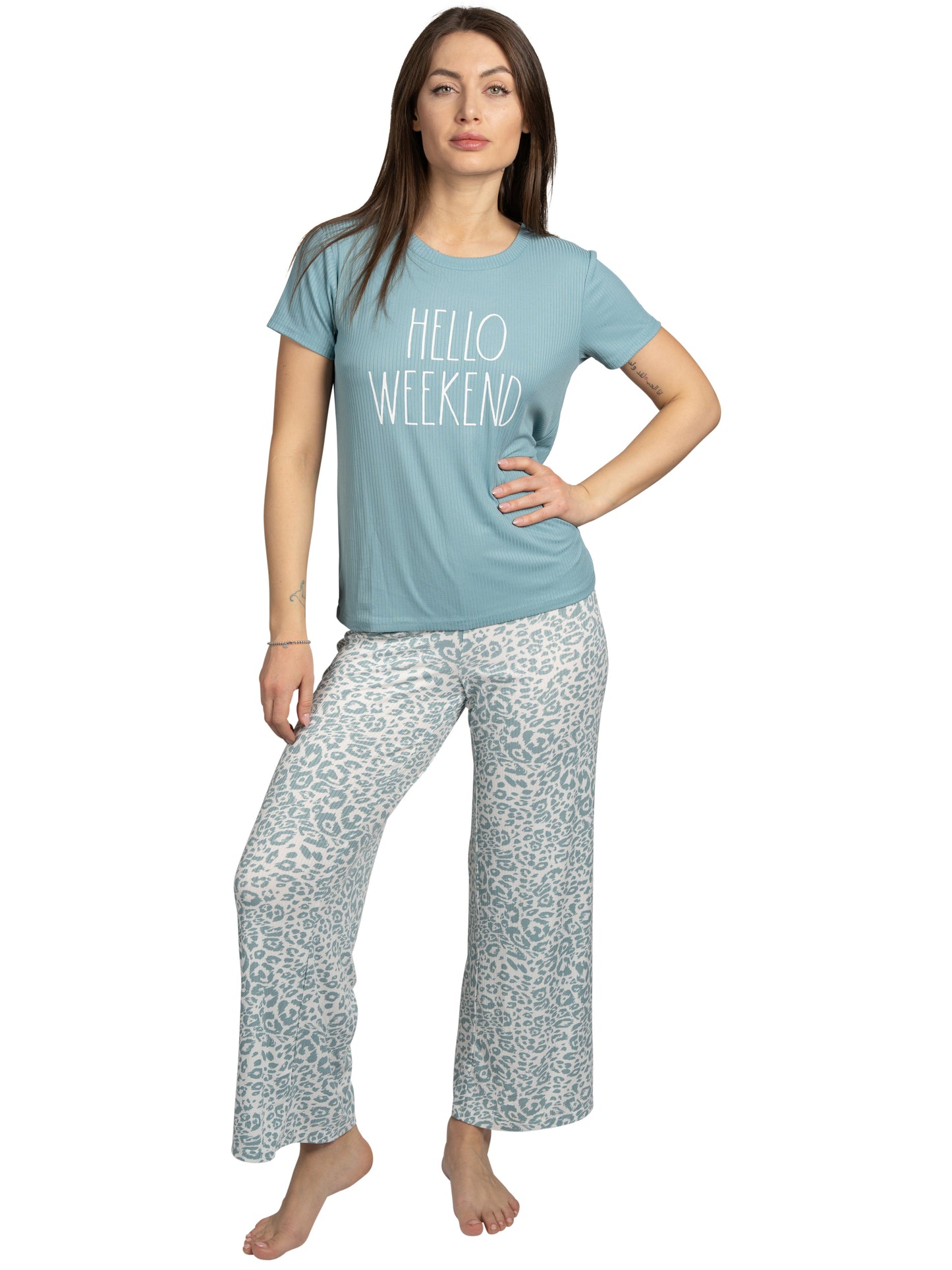 Women's "HELLO WEEKEND" 2-Piece Short Sleeve Top and Wide Leg Ribbed Pants Pajama Set