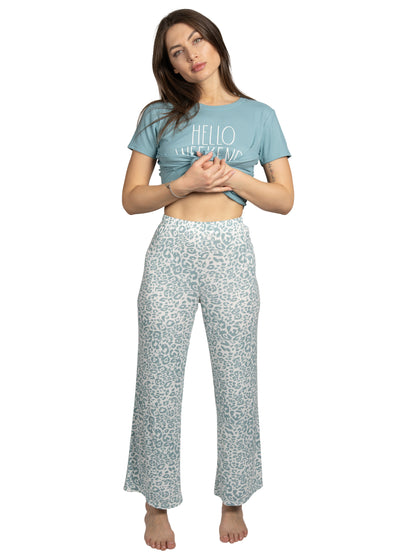 Women's "HELLO WEEKEND" 2-Piece Short Sleeve Top and Wide Leg Ribbed Pants Pajama Set