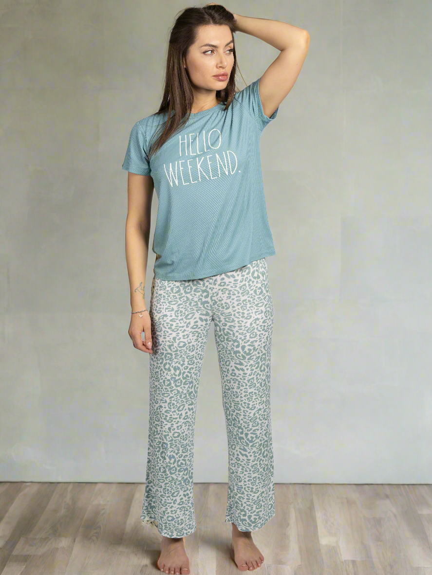 Women's "HELLO WEEKEND" 2-Piece Short Sleeve Top and Wide Leg Ribbed Pants Pajama Set