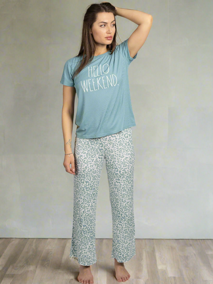 Women's "HELLO WEEKEND" 2-Piece Short Sleeve Top and Wide Leg Ribbed Pants Pajama Set