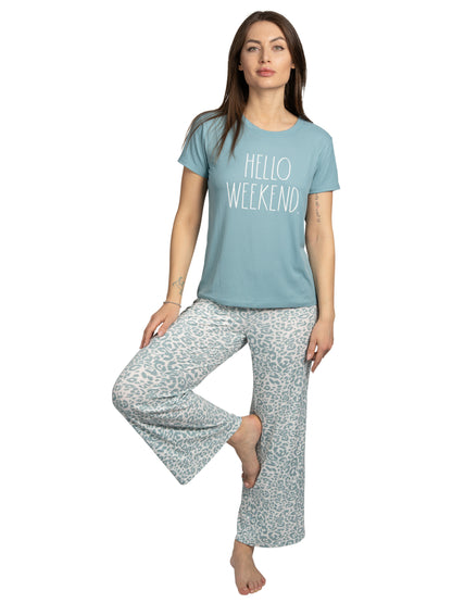 Women's "HELLO WEEKEND" 2-Piece Short Sleeve Top and Wide Leg Ribbed Pants Pajama Set