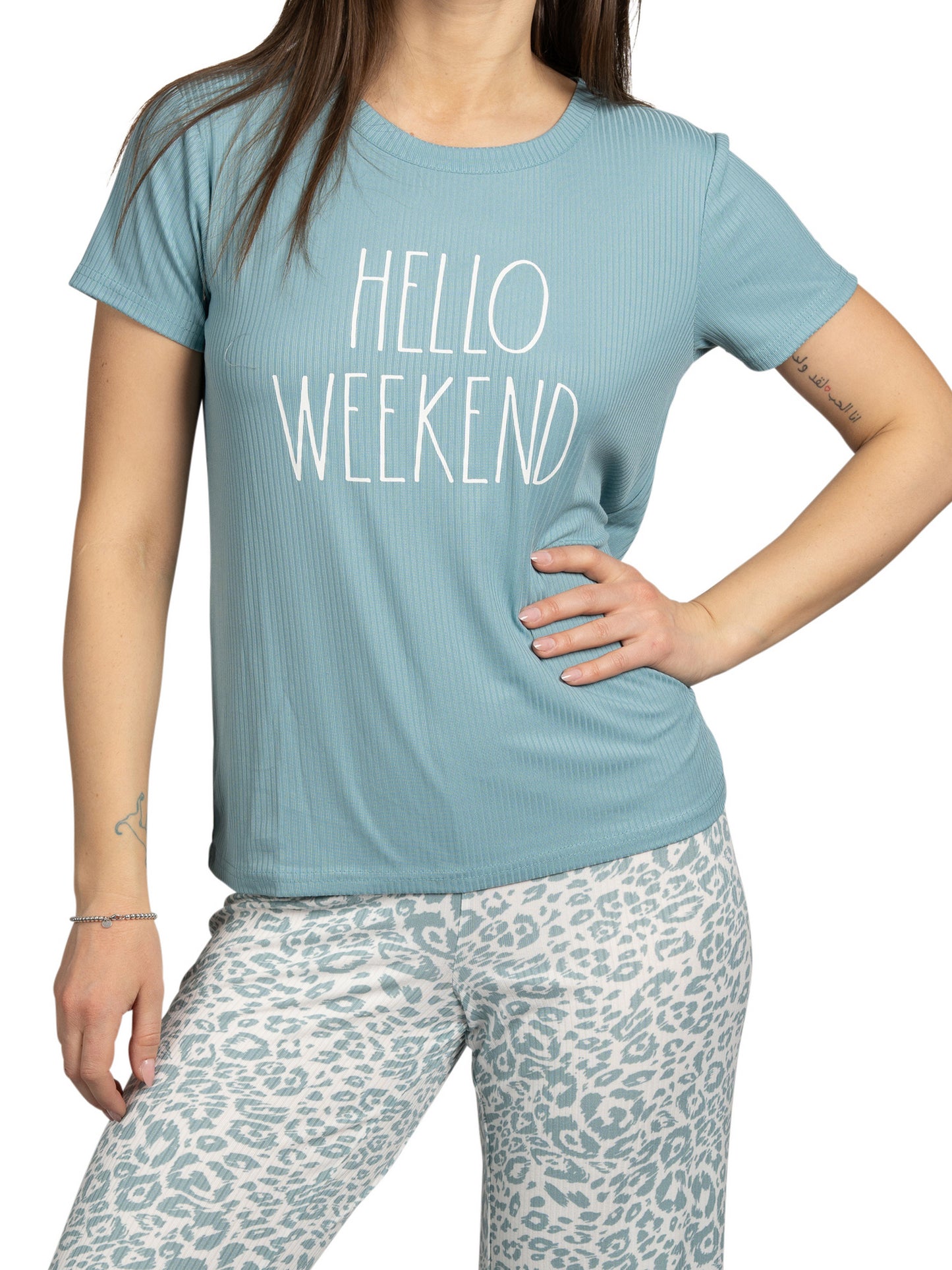 Women's "HELLO WEEKEND" 2-Piece Short Sleeve Top and Wide Leg Ribbed Pants Pajama Set