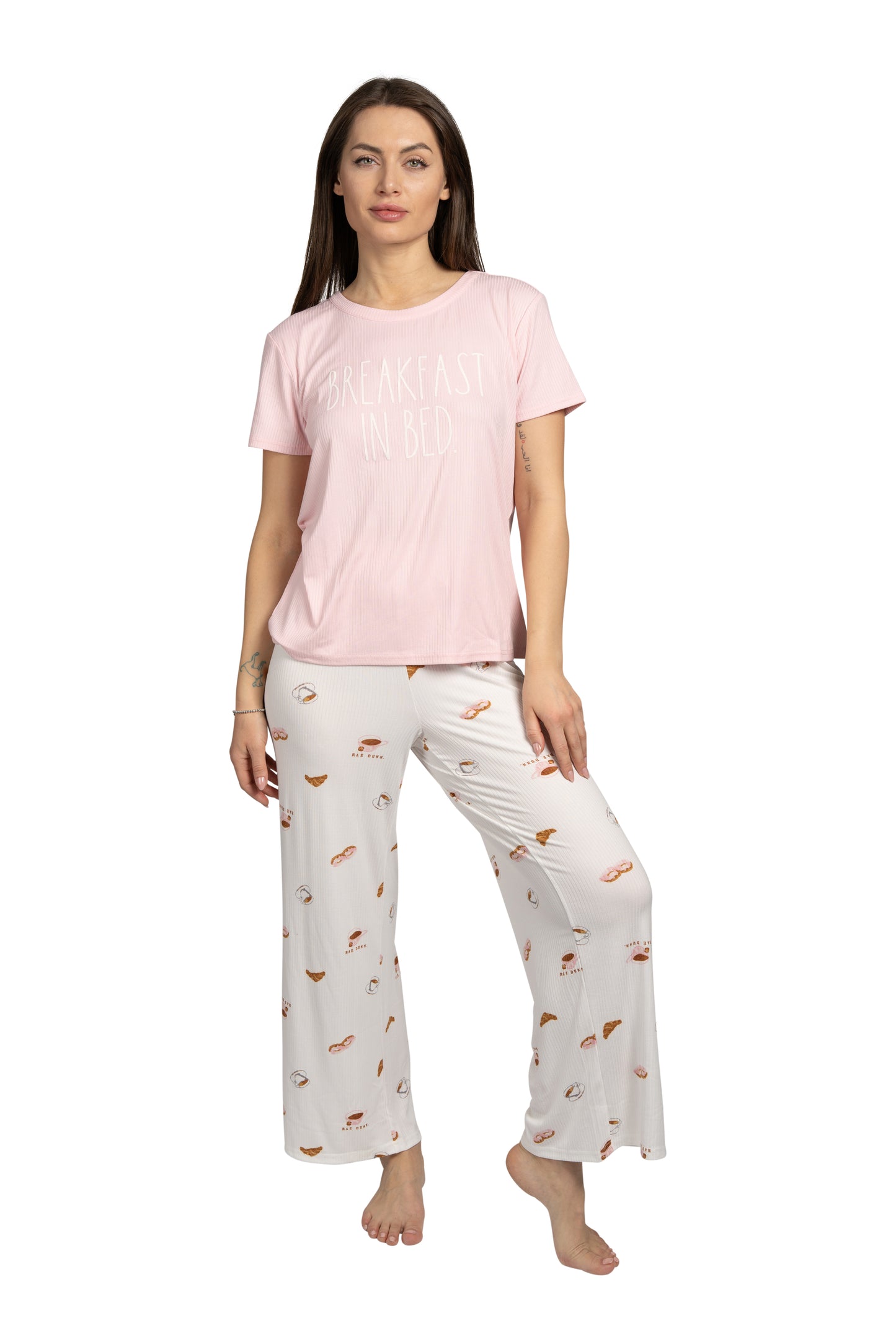 Women's "BREAKFAST IN BED" 2-Piece Short Sleeve Top and Wide Leg Ribbed Pants Pajama Set