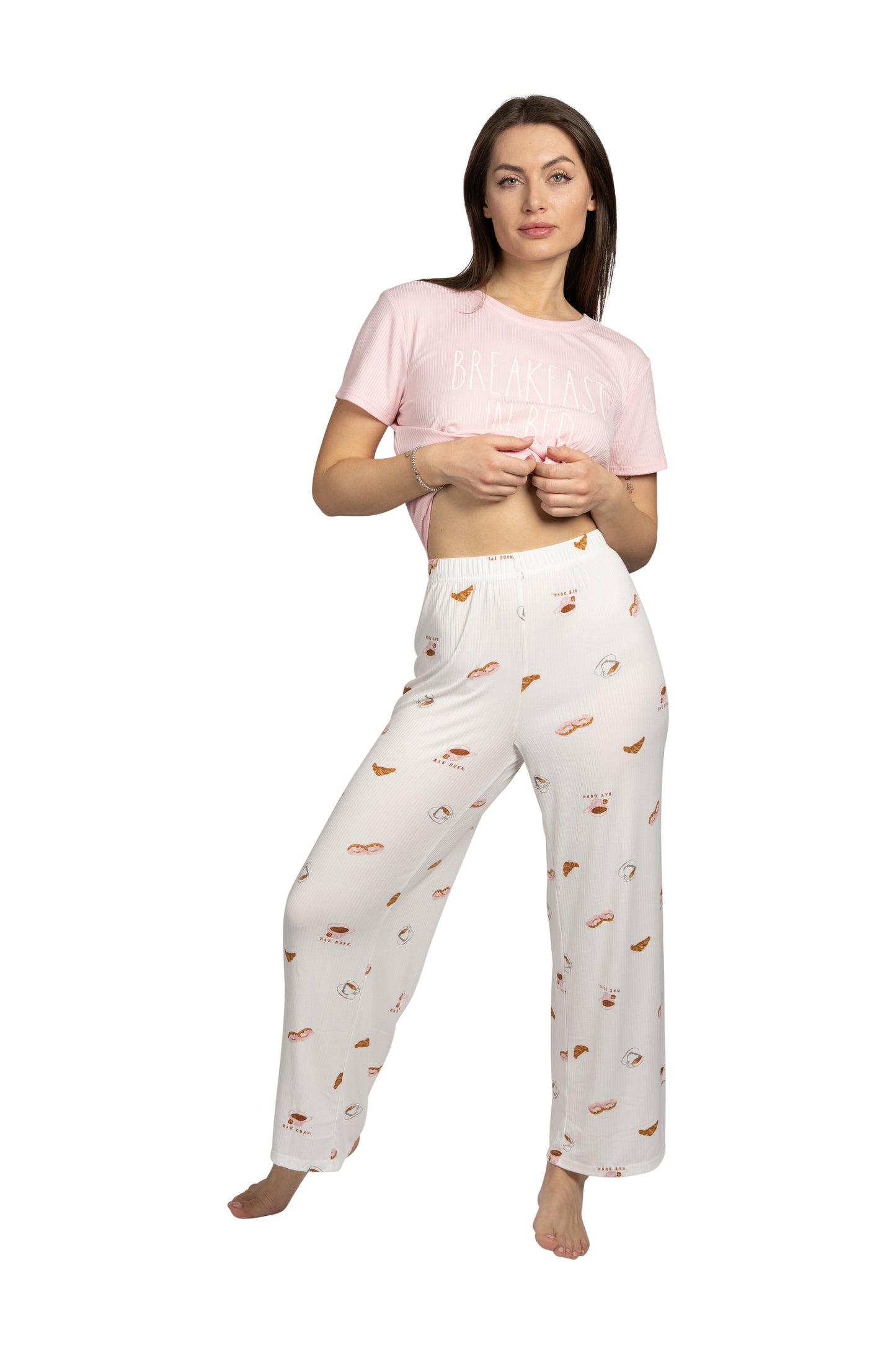 Women's "BREAKFAST IN BED" 2-Piece Short Sleeve Top and Wide Leg Ribbed Pants Pajama Set