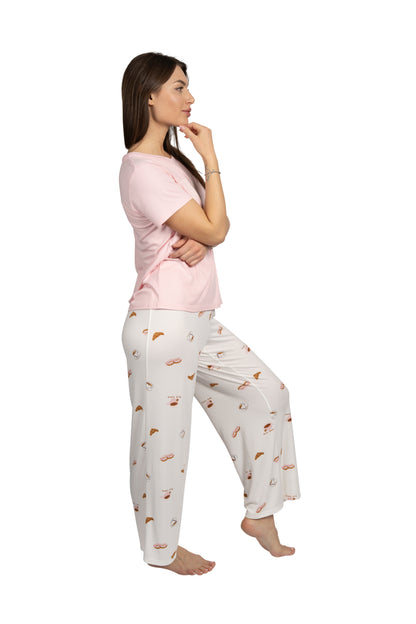 Women's "BREAKFAST IN BED" 2-Piece Short Sleeve Top and Wide Leg Ribbed Pants Pajama Set