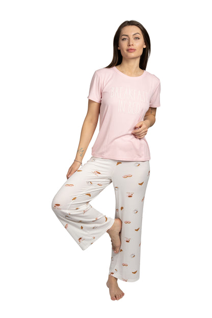 Women's "BREAKFAST IN BED" 2-Piece Short Sleeve Top and Wide Leg Ribbed Pants Pajama Set