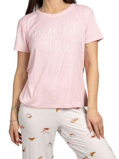 Women's "BREAKFAST IN BED" 2-Piece Short Sleeve Top and Wide Leg Ribbed Pants Pajama Set