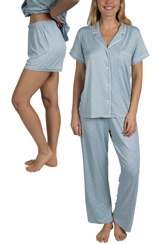 Women's "SLEEP" 3-Piece Pajama Set Short Sleeve Notch Collar Top, Shorts, and Comfy Pants Pj Set Recycled Fabric