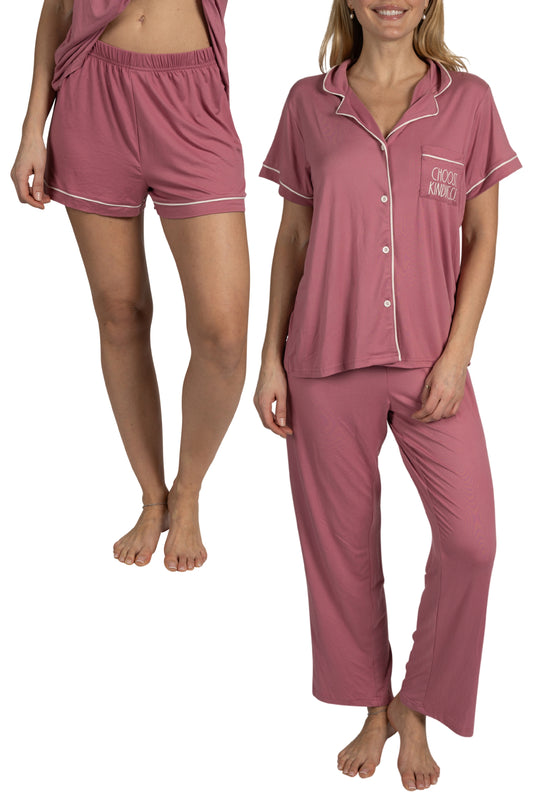 Women's "CHOOSE KINDNESS" 3-Piece Pajama Set Short Sleeve Notch Collar Top, Shorts, and Comfy Pants Pj Set Recycled Fabric