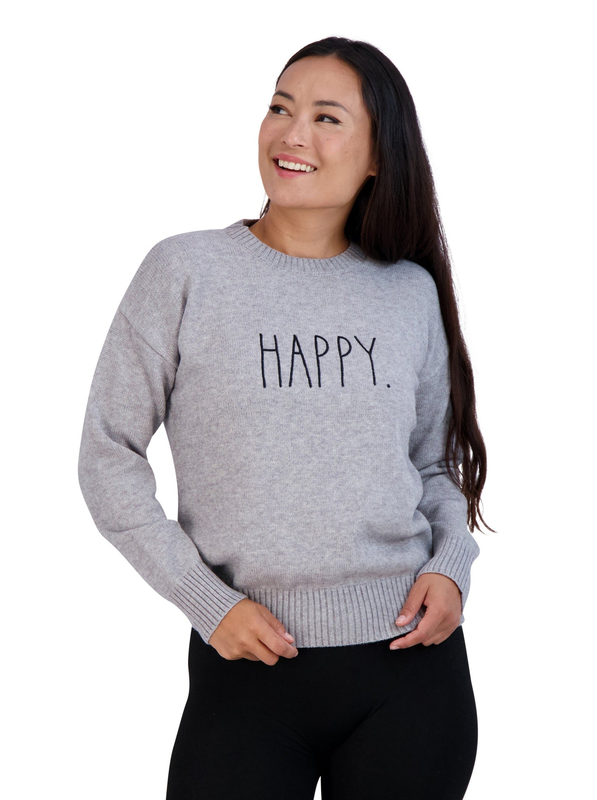 Women's Embroidered "HAPPY" Knit Gray Sweater - Rae Dunn Wear - W Sweater