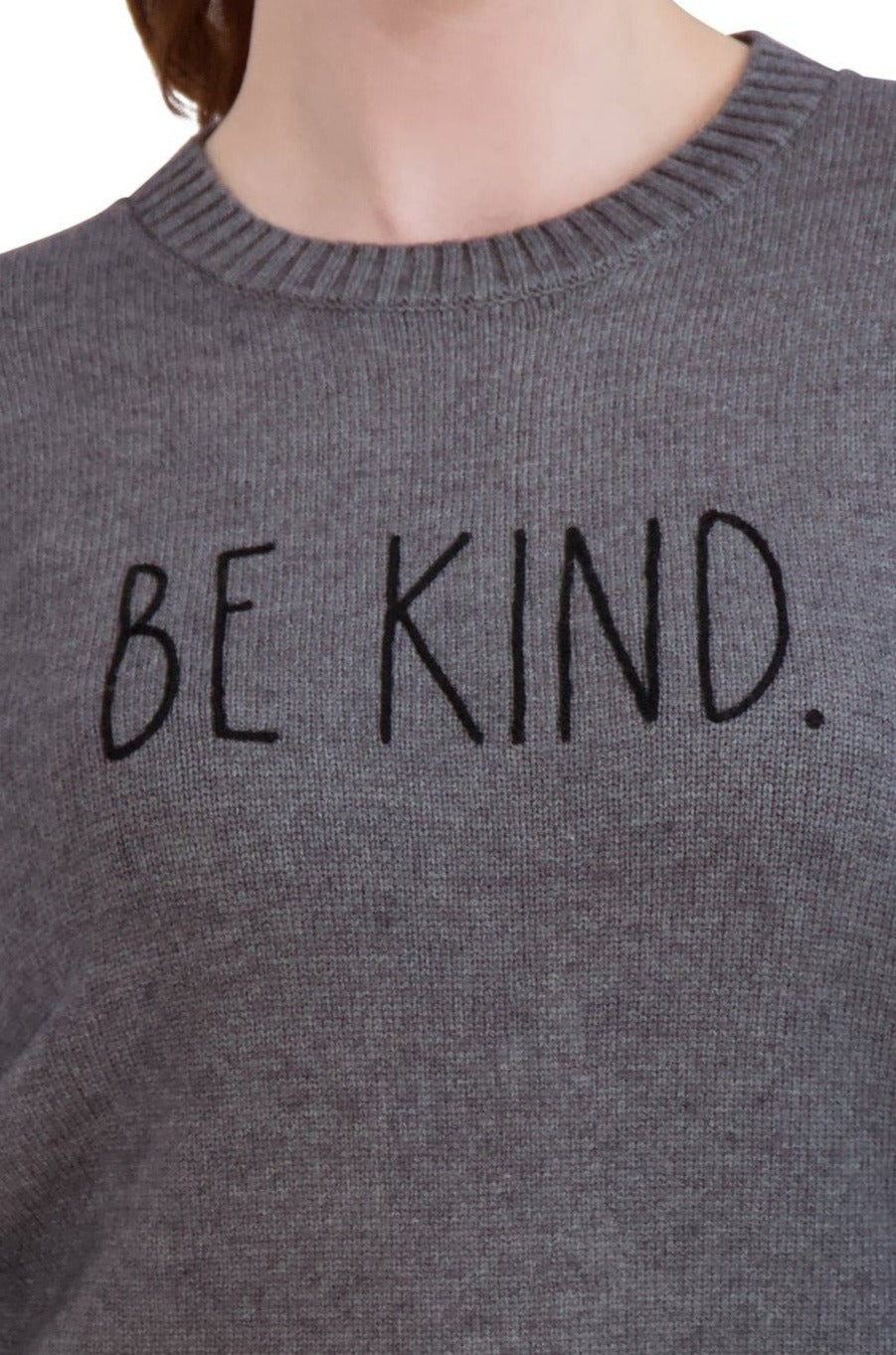 Women's Embroidered "BE KIND" Knit Gray Sweater - Rae Dunn Wear - W Sweater