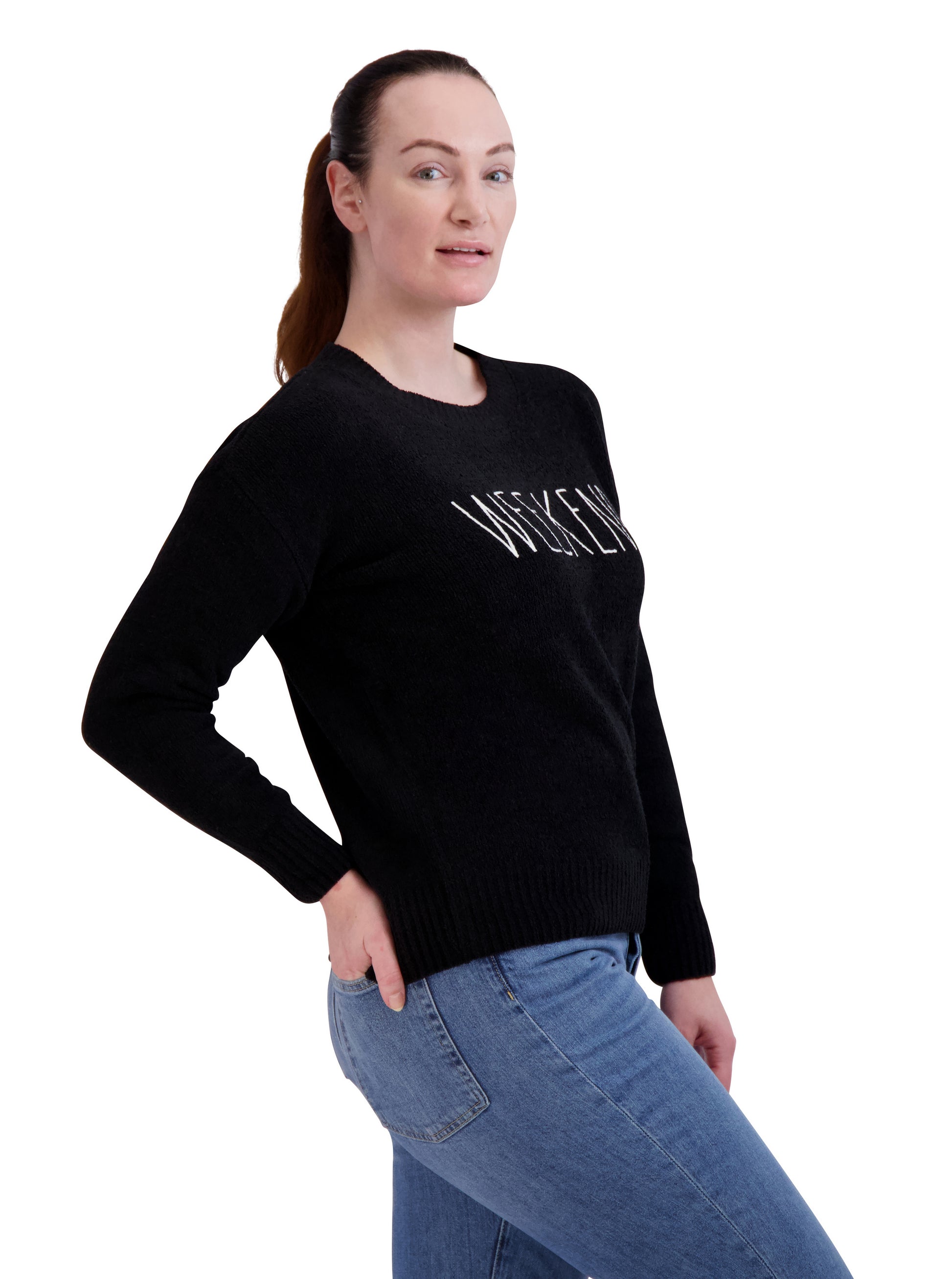 Women's Embroidered "WEEKEND" Chenille Sweater - Rae Dunn Wear - W Sweater