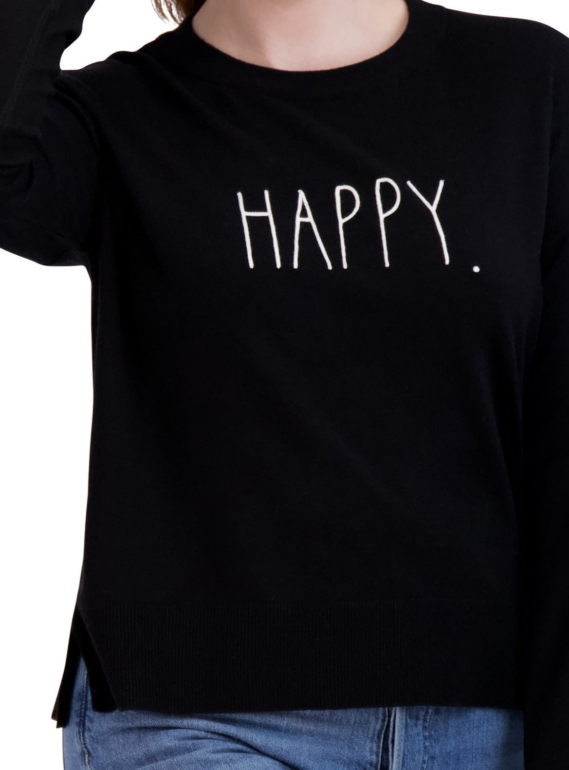 Women's Embroidered "HAPPY" Knit Black Sweater - Rae Dunn Wear - W Sweater