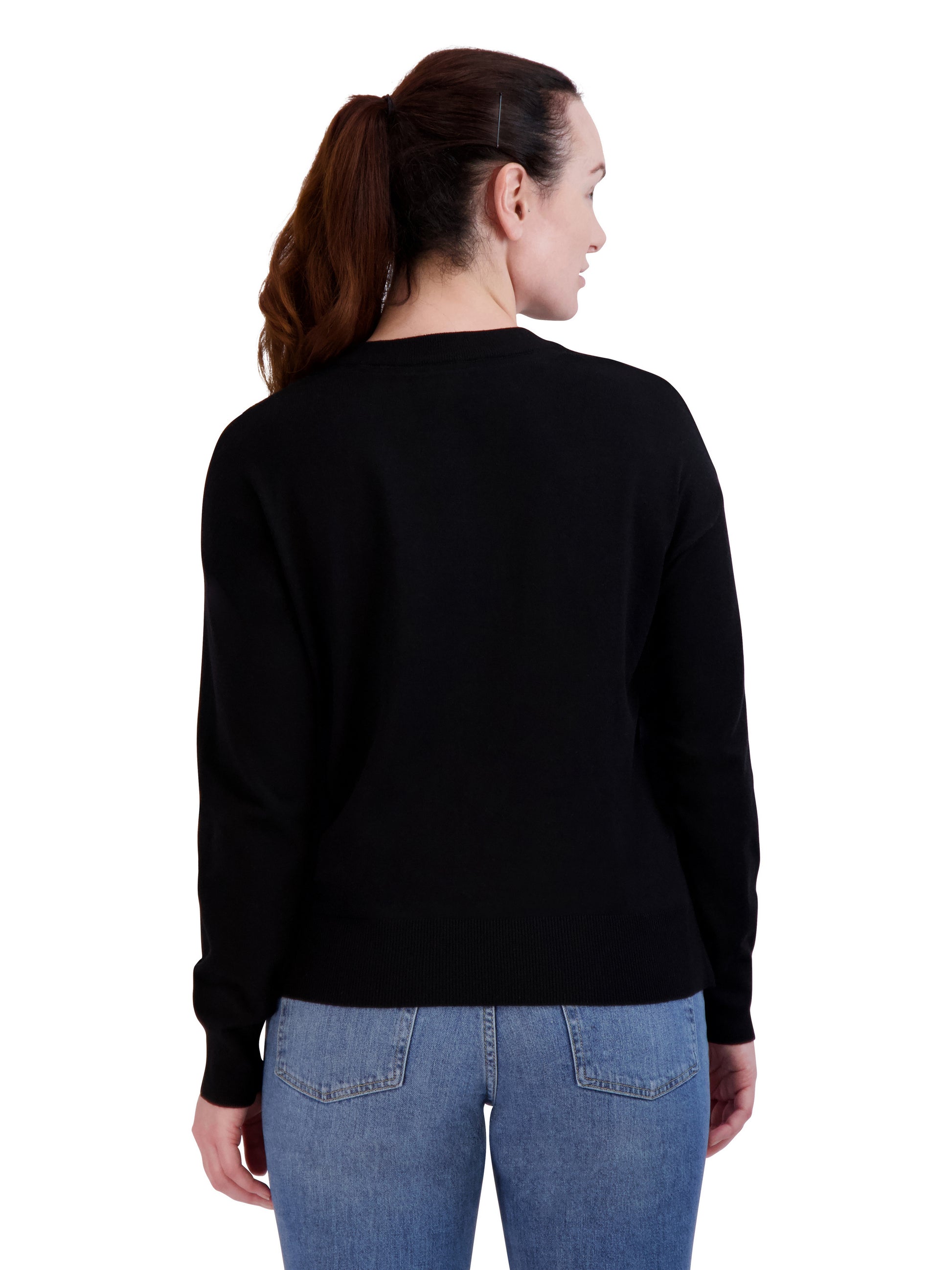 Women's Embroidered "HAPPY" Knit Black Sweater - Rae Dunn Wear - W Sweater
