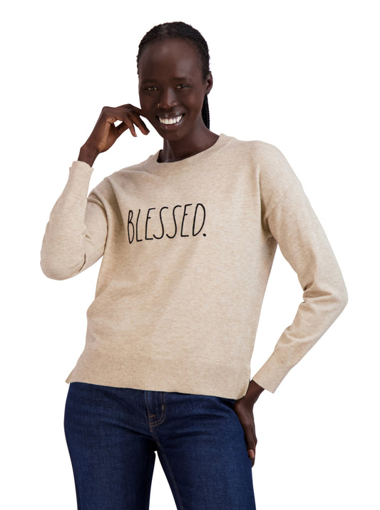 Women's Embroidered "BLESSED" Knit Sweater - Rae Dunn Wear - W Sweater