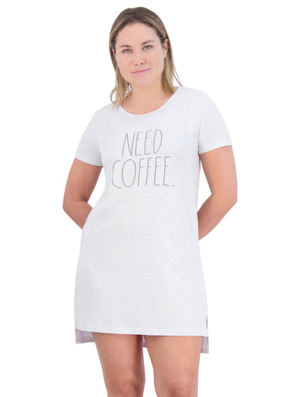 Women's "NEED COFFEE" Short Sleeve Leopard Print HiLo Nightshirt - Rae Dunn Wear - W Nightshirt