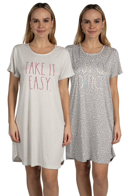 Women's 2-Pack Short Sleeve Shirttail Nightshirts Grey "OUT OF OFFICE" & "TAKE IT EASY" with Recycled Fabric