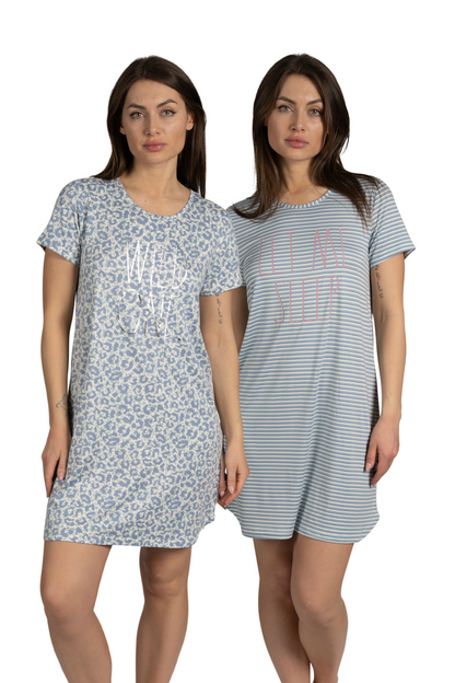 Women's 2-Pack Short Sleeve Shirttail Nightshirts Blue "LET ME SLEEP" & "WILD ONE" with Recycled Fabric