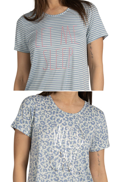 Women's 2-Pack Short Sleeve Shirttail Nightshirts Blue "LET ME SLEEP" & "WILD ONE" with Recycled Fabric