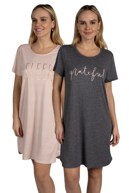 Women's 2-Pack Short Sleeve Shirttail Nightshirts Grey Pink "SLEEP" & "GRATEFUL" with Recycled Fabric