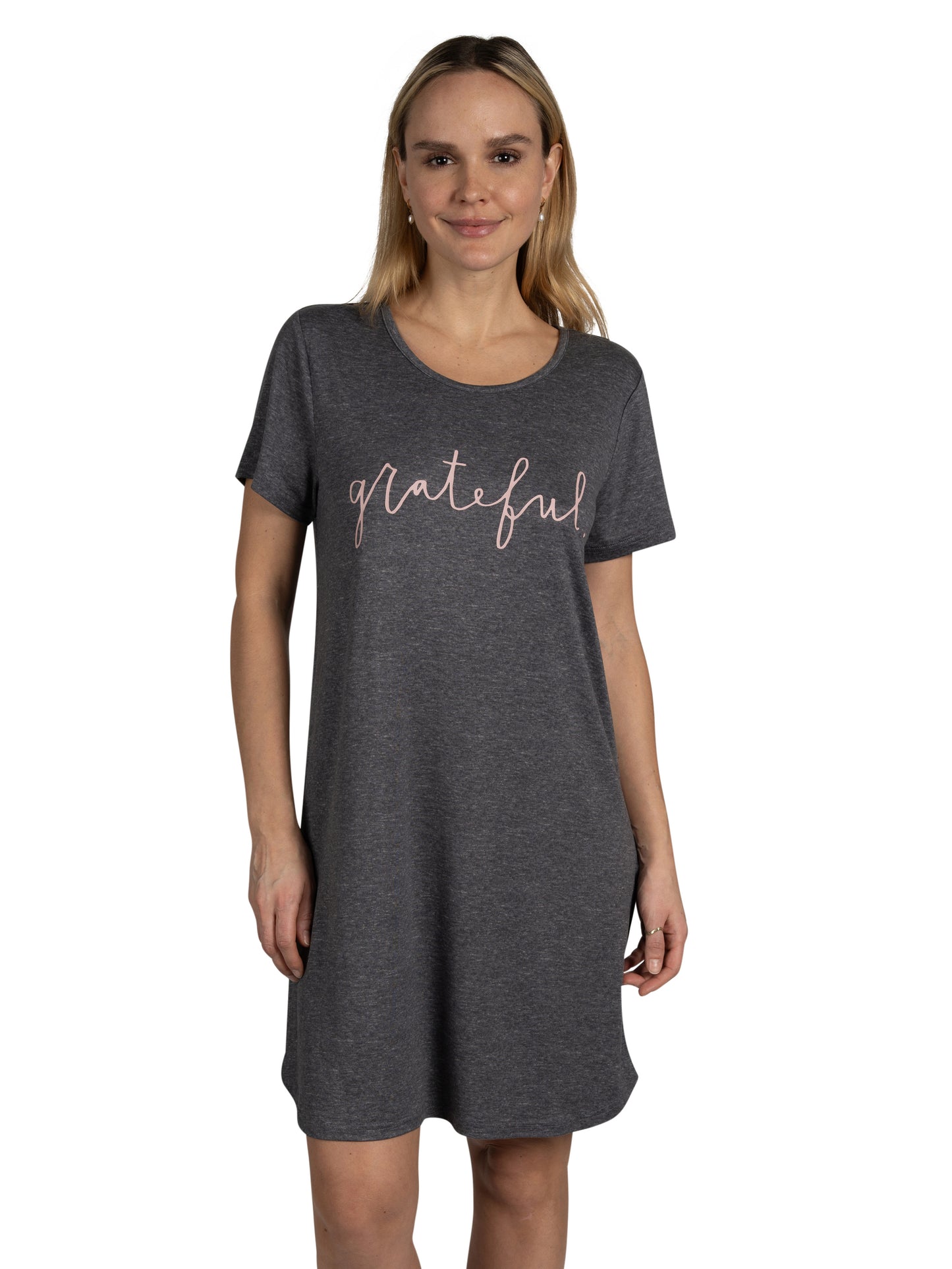 Women's 2-Pack Short Sleeve Shirttail Nightshirts Grey Pink "SLEEP" & "GRATEFUL" with Recycled Fabric