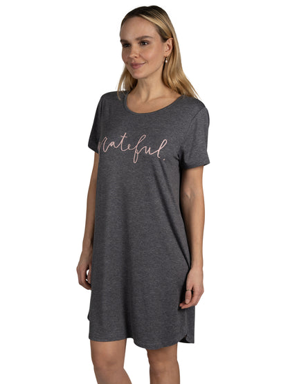 Women's 2-Pack Short Sleeve Shirttail Nightshirts Grey Pink "SLEEP" & "GRATEFUL" with Recycled Fabric