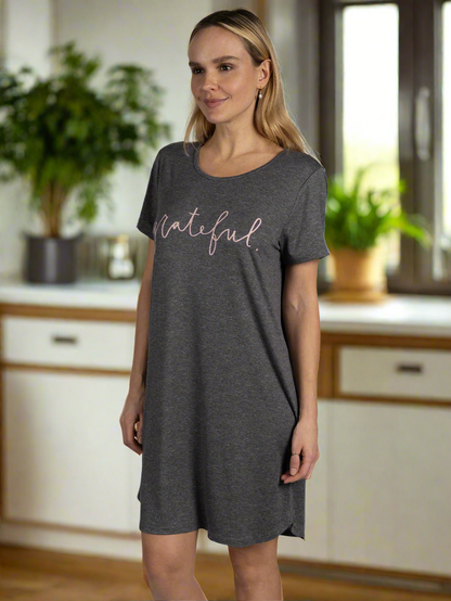 Women's 2-Pack Short Sleeve Shirttail Nightshirts Grey Pink "SLEEP" & "GRATEFUL" with Recycled Fabric