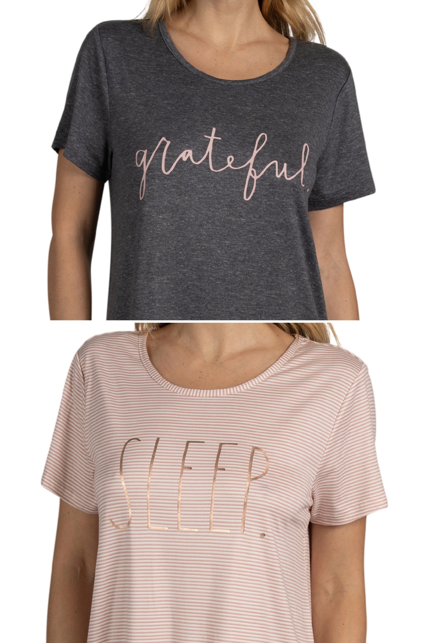 Women's 2-Pack Short Sleeve Shirttail Nightshirts Grey Pink "SLEEP" & "GRATEFUL" with Recycled Fabric