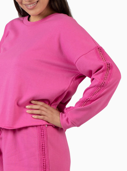 Women's French Terry Crochet Trim Sweatshirt, Hot Pink and Navy Blue - Rae Dunn Wear - W Sweatshirt