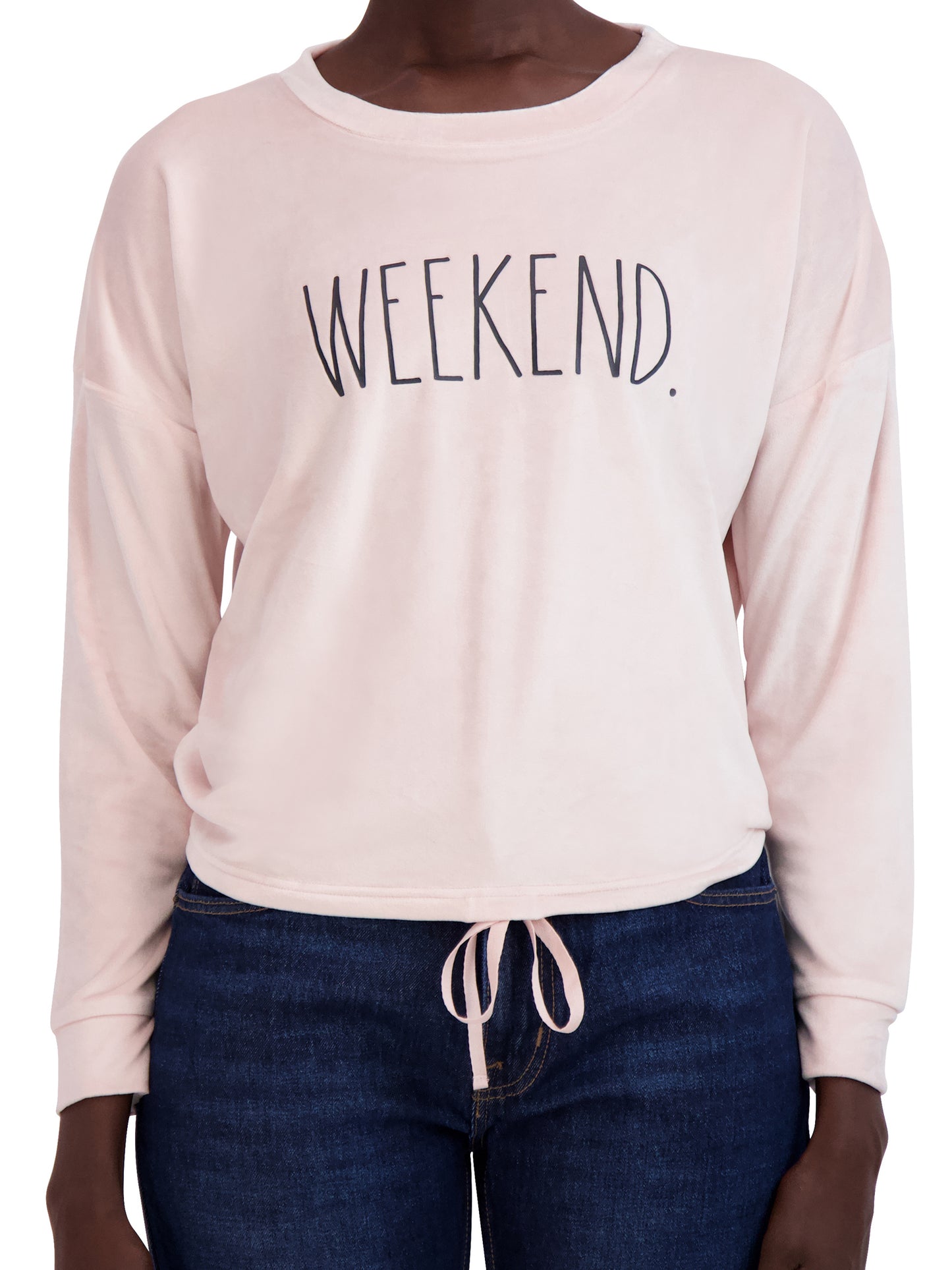 Women's "WEEKEND" Drawstring Hem Velour Sweatshirt - Rae Dunn Wear - W Sweatshirt
