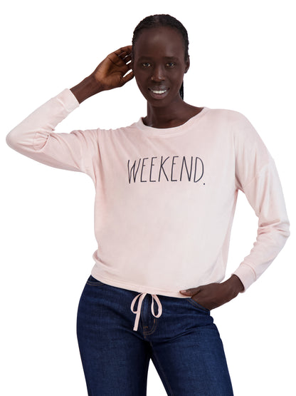 Women's "WEEKEND" Drawstring Hem Velour Sweatshirt - Rae Dunn Wear - W Sweatshirt
