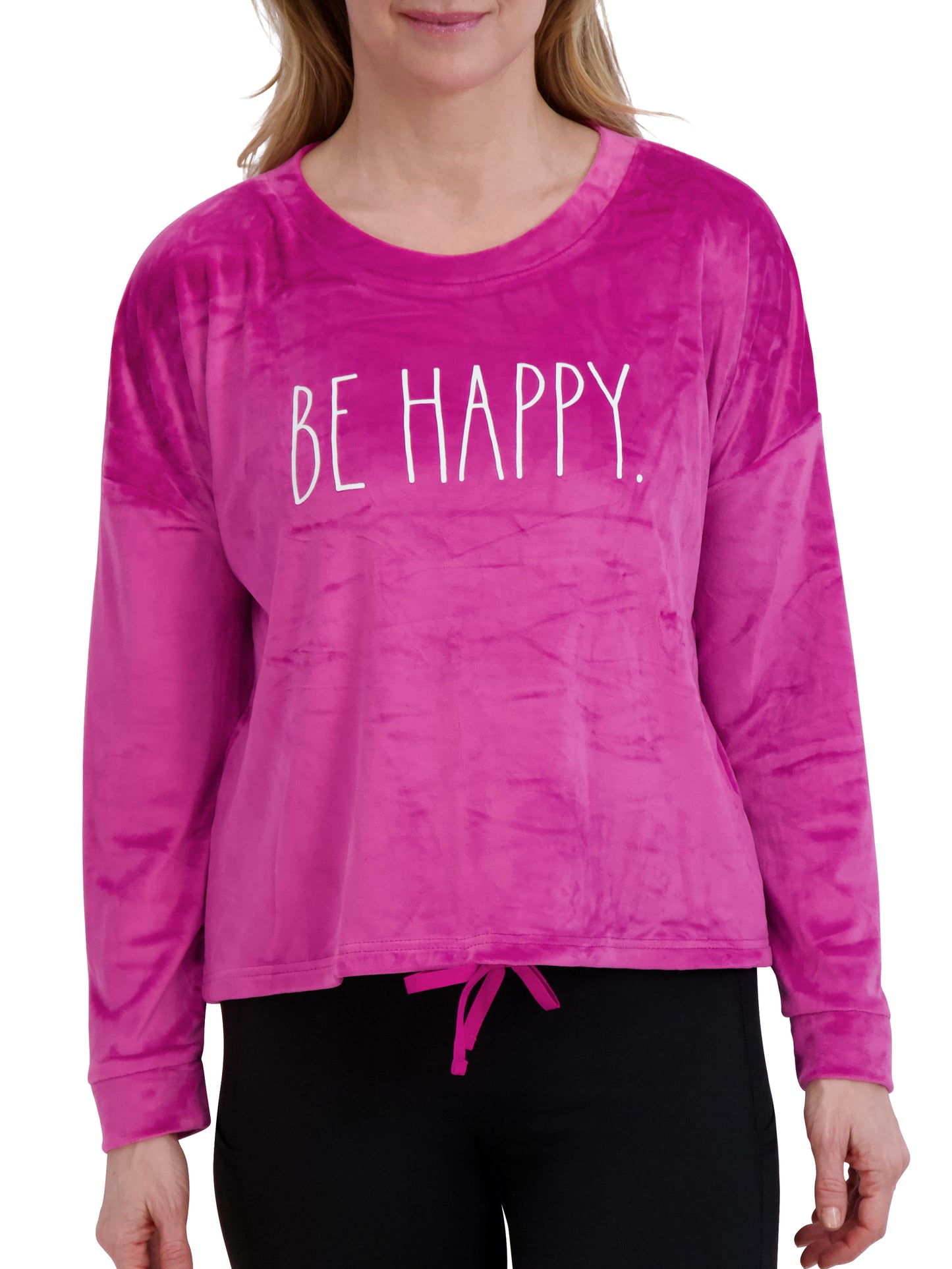 Women's "BE HAPPY" Pink Velour Drawstring Sweatshirt - Rae Dunn Wear - W Sweatshirt